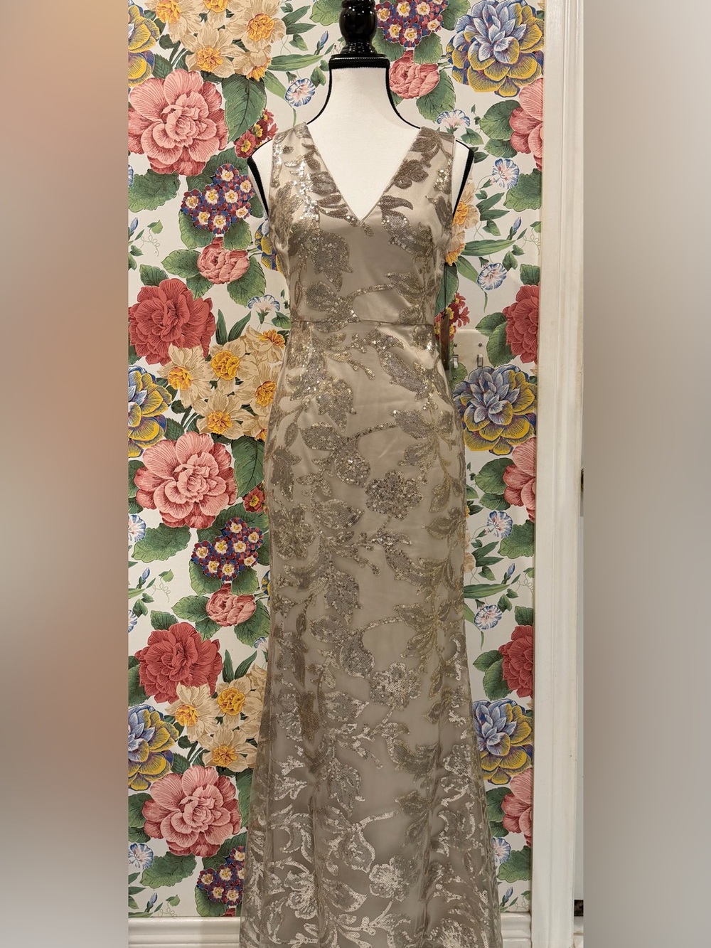 Vince Camuto Taupe and Gold Sequin Embroidered Maxi Dress